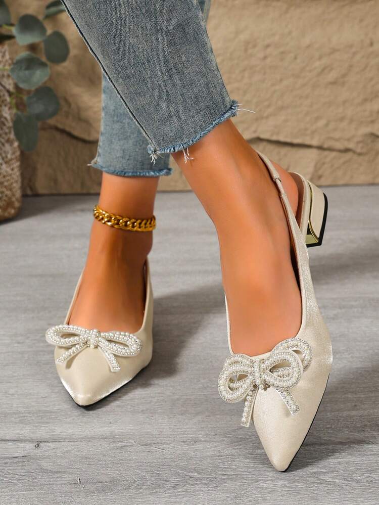 Wanwan Shoes French Style Chunky Heel Pointed Toe Pumps Women 2026 New Spring Mid Heel Plus Size Shoes Ladies Slimming Effect Shiny Anti-Slip Glitter Plaid Fabric Rhinestone Bow Metal Heel Cap Solid Color Pointed Toe Low Top No Strap Chunky Square Heel Pumps European American Celebrity Style Spring Summer Autumn Wedding Bridesmaid Evening Party Date Commute Daily Women Shoes Chunky Heel Sandals Women - Beige - View 5