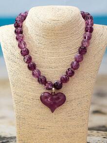 OABE 1pc Bohemian Style Festival Gift Multi-Color Beaded Necklace With Matching Heart Pendant, Suitable For Women - Heart Pendant Necklace - View 4