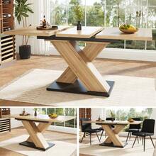 Dining Table Telescopic Table (119-158.5*80cm), Table, Kitchen Table, Extendable Table, Extendable To 119-158.5cm With The Help Of Internal Inserts, For Kitchen And Living Room, Wood-Colored Dining Table With Cross - Natural Wood + MDF - View 10