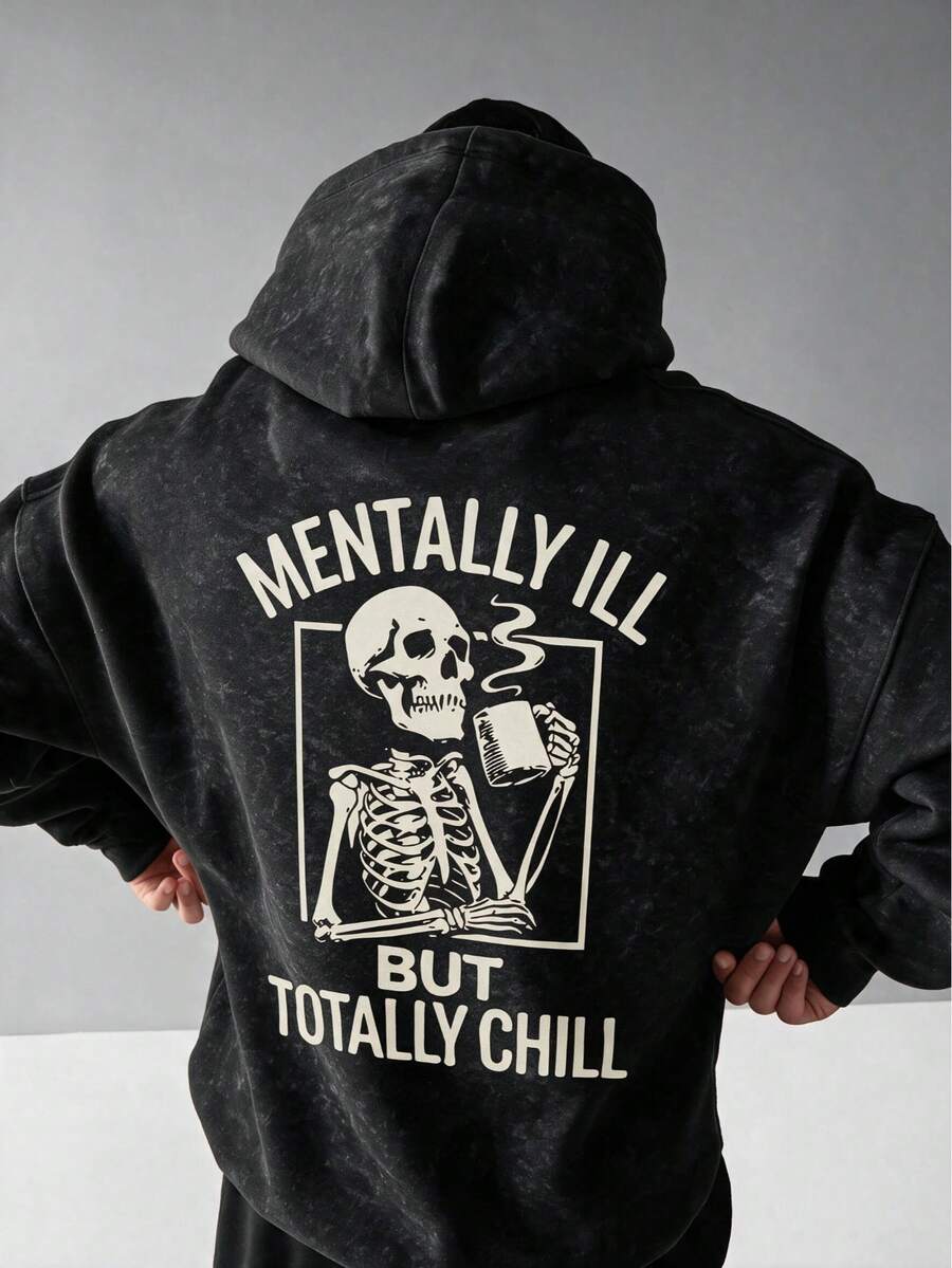 Vintage Washed Tie-Dye Men's Pullover Sweatshirt, Autumn/Winter Funny Skull Halloween Print Loose Drop Shoulder Pullover - Black - View 1