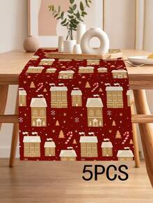 1pc Christmas Pattern Printed Table Runner, 4pcs Christmas Pattern Printed Placemats, Suitable For Holidays, Parties, Birthdays, Dinner Parties, Kitchen Dining Table Decoration, All Season Room Decor, Home Textile Table Runner - Multicolor - View 15