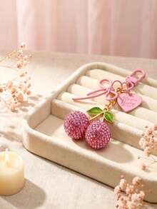Vintage Red Rhinestone Cherry Keychain With Double Bow And Heart Pendant, Sweet Style Handbag Accessory For Girls, Comes With Gift Bag, Unique And Exquisite Gift For Best Friend - Multicolor - View 2