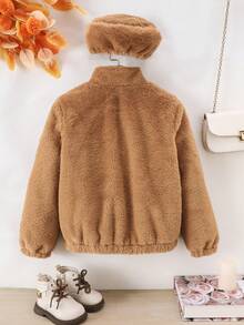 Tween Girls Autumn/Winter Stand Collar Plush Zip-Up Cardigan With Matching Beret Casual Jacket - Brown - View 3