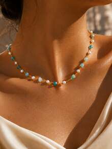 1pc Bohemian Fashion Gradient Asymmetrical Faux Pearl Beaded Necklace For Women, Suitable For Daily Wear, Vacation, Commuting, Party (Crushed Stone Color, Quantity And Shape Random) - Multicolor - View 5