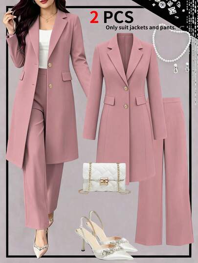 Women's Spring/Autumn Elegant Commute 2 Pieces Set, Long Waist-Cinching Vintage British Design Faux Pocket Button Detail Blazer Coat Paired With Simple Casual Straight-Leg Pants