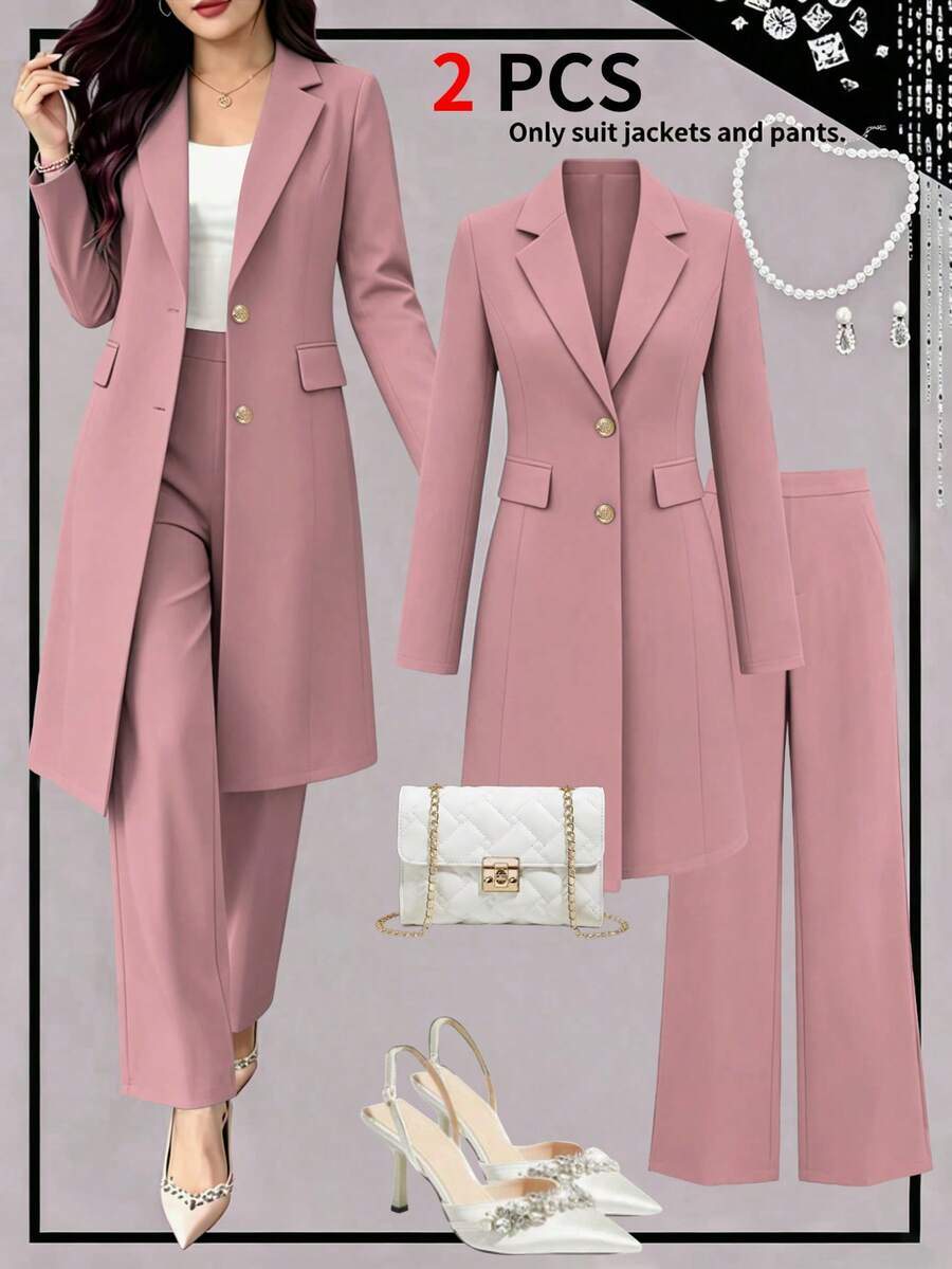Women's Spring/Autumn Elegant Commute 2 Pieces Set, Long Waist-Cinching Vintage British Design Faux Pocket Button Detail Blazer Coat Paired With Simple Casual Straight-Leg Pants - Pink 25 - View 1