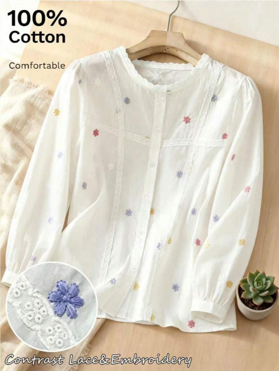 夏季復古浪漫甜美田園波希米亞花卉刺繡女款長袖上衣,秋季小花刺繡泡泡袖襯衫,適合派對婚禮約會,溫柔森系風格,休閒度假節慶出遊通勤百搭刺繡上衣,女款春秋刺繡襯衫蕾絲圓領長袖鈕扣上衣,白色襯衫,白色女式襯衫,女款襯衫 - 白色 - 查看 1