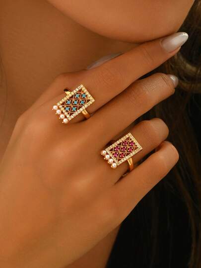 1pc Bohemian Glamorous Rectangular Mesh Pattern Colorful Zirconia & Faux Pearl Inlaid Personalized Ring