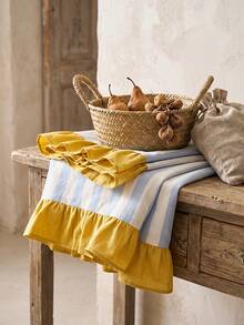 1pc Blue & White Large Plaid With Bright Yellow Ruffle Edge Tablecloth, Lively Pastoral Style Fabric Material, Rectangular Yellow Ruffle Edge Patchwork Detail Decoration, Functional Home Long Tablecloth Suitable For Family Gatherings And Vibrant Home Decor Scenes - Blue - View 9