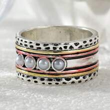 Vintage Multi-Layer Hammered Texture Ring, Round Faux Pearl Inlaid Wide Band - Silver - View 6