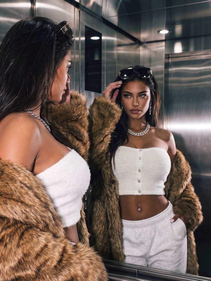 Women's Casual Knitwear Button Front Slim Fit Cropped Tube Top For Winter Fall Daily Wear, Going Out - White - View 1