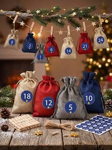 24Pcs 24Days Christmas Advent Calendar Bags Countdown, Burlap Drawstring Gift Sacks With Number Stickers Wooden Clips & Rope, Xmas 24‑Day Countdown Treat Pouch For Holiday Party Decor Gift Storage - Multicolor - View 1