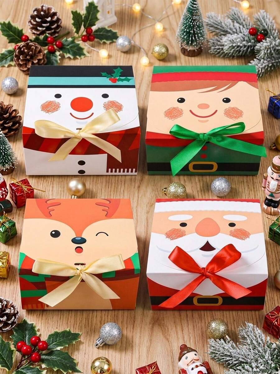 8件組聖誕禮物盒附緞帶，聖誕快樂禮品包裝盒，聖誕老人、雪人、鹿、小精靈設計，聖誕派對伴手禮盒，聖誕裝飾，居家聖誕裝飾，冬季裝飾