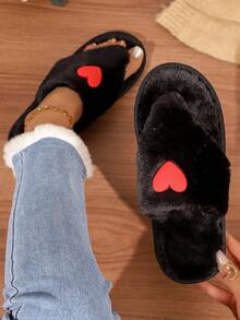 Women's Fuzzy Fluffy Flip Flop Slippers, Open Toe Plush House Slippers For Bedroom And Indoor Wear, Cute Decorative Soft Slippers For Autumn/Winter - Black - View 1