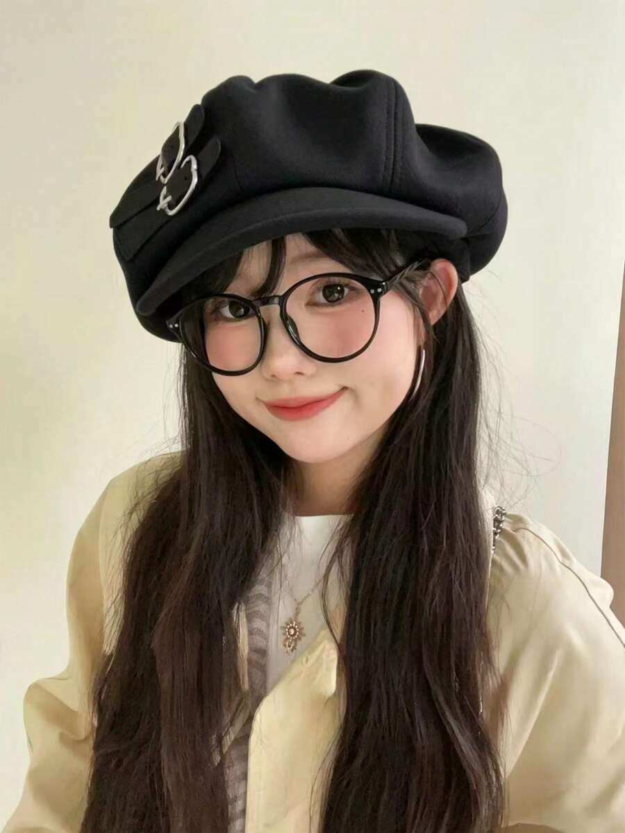 Women's Coffee Bear Leather Buckle Cloud Hat Newsboy Hat Beret Autumn And Winter Versatile Warm Octagonal Baseball Cap Suitable For Daily Use