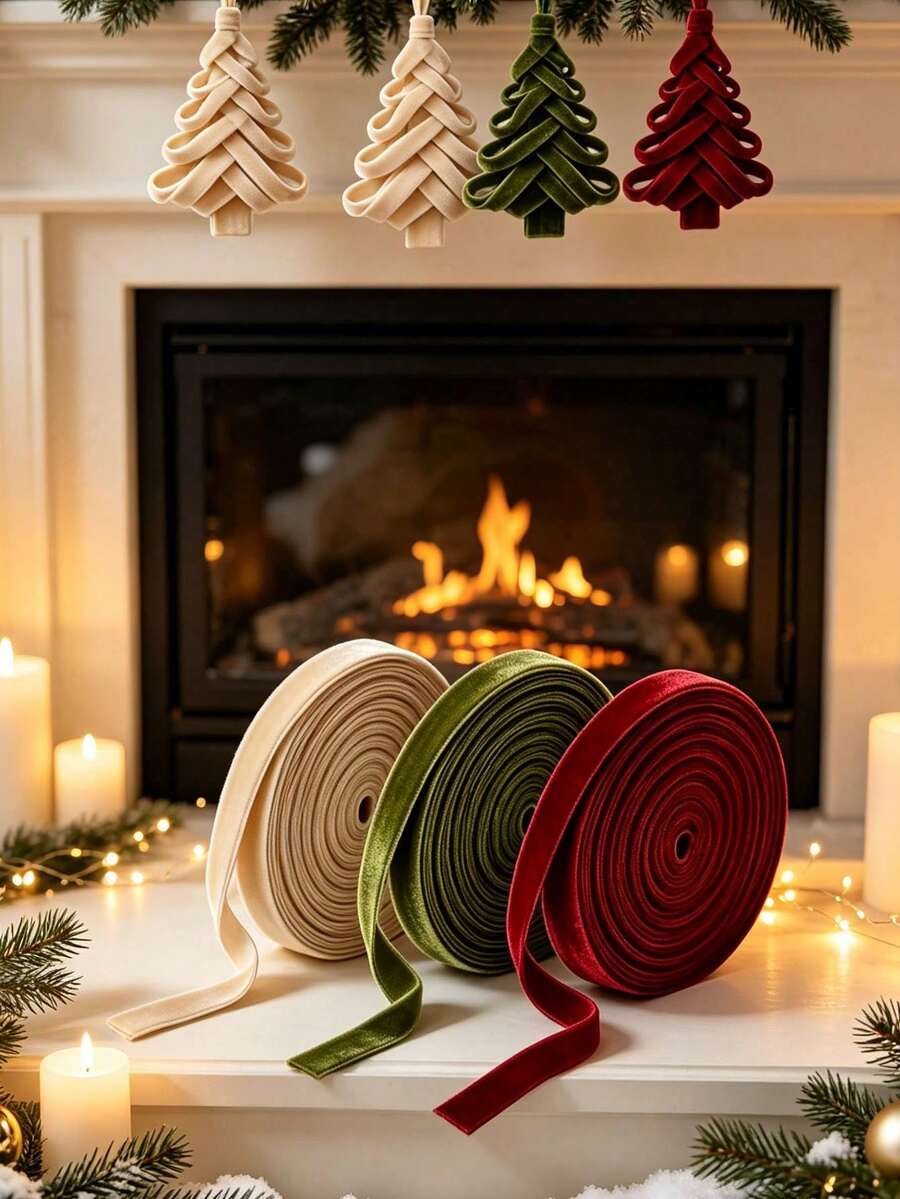 3 Rolls Velvet Ribbon, 1cm Wide, 500cm Total Length, Premium Christmas Ribbon For Christmas Tree Decoration, Gift Wrapping, Wreath Accents - Multicolor - View 1