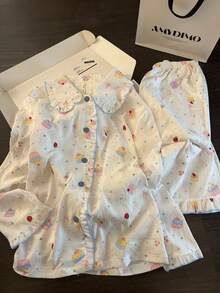Random Cartoon Print Cute Style Cardigan Pajamas Women's New Ruffle Hem Comfortable Loungewear 2 Pieces Set - White - View 1