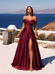 ADYCE Elegant Off Shoulder Waisted Backless Bodycon Tie-Back Lace High-Slit Fishbone Prom Gown Homecoming Wedding Guest Formal Dinner Birthday Christmas - Burgundy - View 6