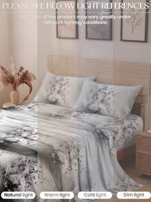 4-Piece Gray Peach Blossom Pattern Bedding Set, Easy Care Soft Bedding, Floral Fitted Sheet Set (1 Flat Sheet + 1 Fitted Sheet + 2 Pillowcases), Deep Pocket Up To 11.8 Inches, Soft And Breathable, Suitable For Back To School Dorm Bedding Set - Multicolor - View 7