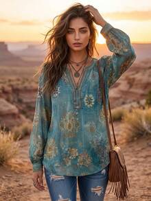 2026 New Blue-Green Floral Print Blouse Long Sleeve Loose Fit Bohemian Top Hippie Shirt Vintage Floral Print Small V-Neck Lantern Sleeve Lightweight Breathable Print Bohemian Fashion Vacation Outfit Island Holiday Style Country Music Festival Outfit Western Cowboy Style Pastoral Vintage Style Retro Aesthetic Casual Streetwear Plus Size Friendly - Multicolor - View 5