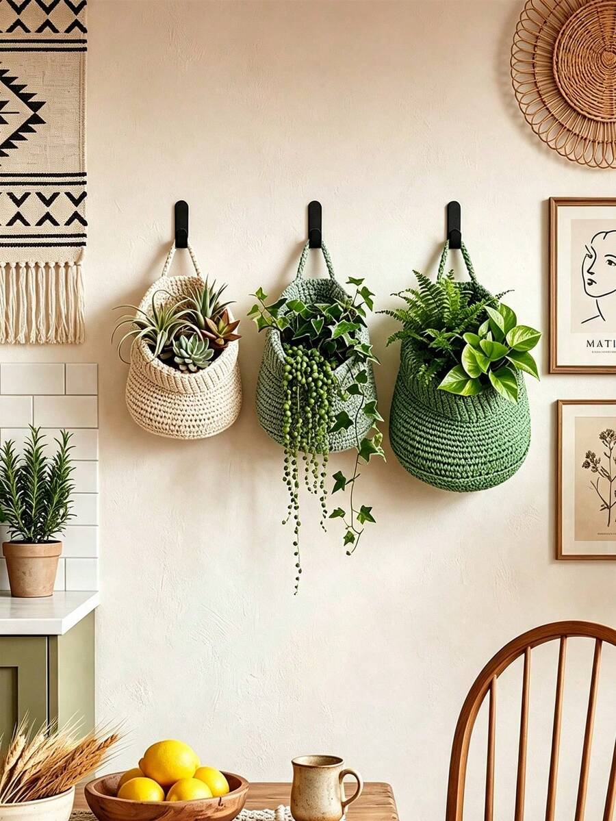 2pcs/Set Wall Hanging Baskets With Hooks, Woven Rope Storage Basket, Bohemian Style Wall Mounted Organizer, Suitable For Kitchen, Bedroom, Bathroom And Home Decor - Multicolor - View 1