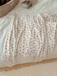 Nina Bonheur 2pcs Women's Round Neck Long Sleeve Top + Elastic Waist Long Pants Pajamas Homewear Set - Beige - View 4
