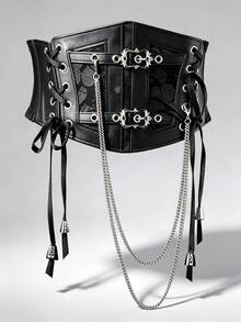 1件女款哥德風網格束腰腰帶，雙扣環寬肩帶設計，收腰造型配多層銀色鏈條，龐克次文化穿搭配件 - 黑色 - 查看 4