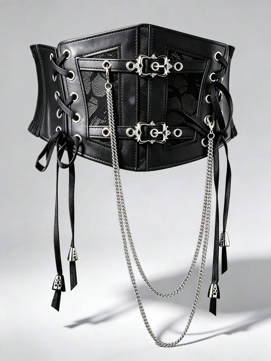 1pc Women's Gothic Mesh Corset Waist Belt With Double Buckle And Wide Strap, Cinched Waist Design With Multi-Layer Silver Chain, Punk Subculture Outfit Accessory