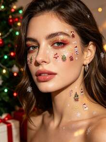 Santa Claus House Christmas Tree Snowflake Pattern Face Decoration Sticker Set With Tweezers, Vintage Holiday Atmosphere, 3D Embossed Pressed Craft, Party Makeup Accents, Face Stickers - Multicolor - View 2