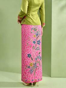 1pc Women's Printed Elegant Nyonya Skirt, Spring/Summer - Pink - View 3