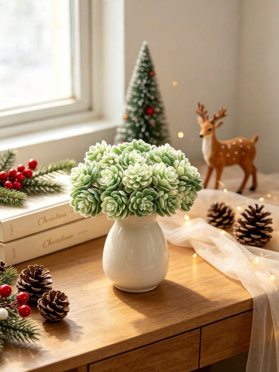 1pc 3.54 Inch Artificial Succulent Plant, Suitable For Home, Wedding, Holiday Decoration, Center Table Decoration, Christmas Decoration, Birthday Gifts, Holiday Party Accessories - White Green - View 1