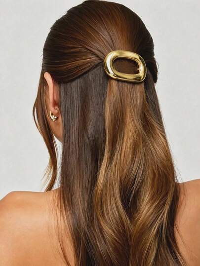 1pc Fashion Solid Color Oval Hollow Alloy High-End Cool Hair Clip, Women's Gold-Plated Versatile Hair Accessory, Suitable For Summer Vacation And Travel