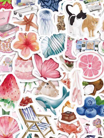 50Pcs PP Gorgeous Mediterranean Stickers, Patterns Of Marine Creatures, Tropical Fruits & Flowers, Vintage Objects For Vacation Vibe, Suitable For Journals, Water Bottles, Notebooks, Storage Boxes, Skateboards, Helmets, Luggage, Laptops, Guitars