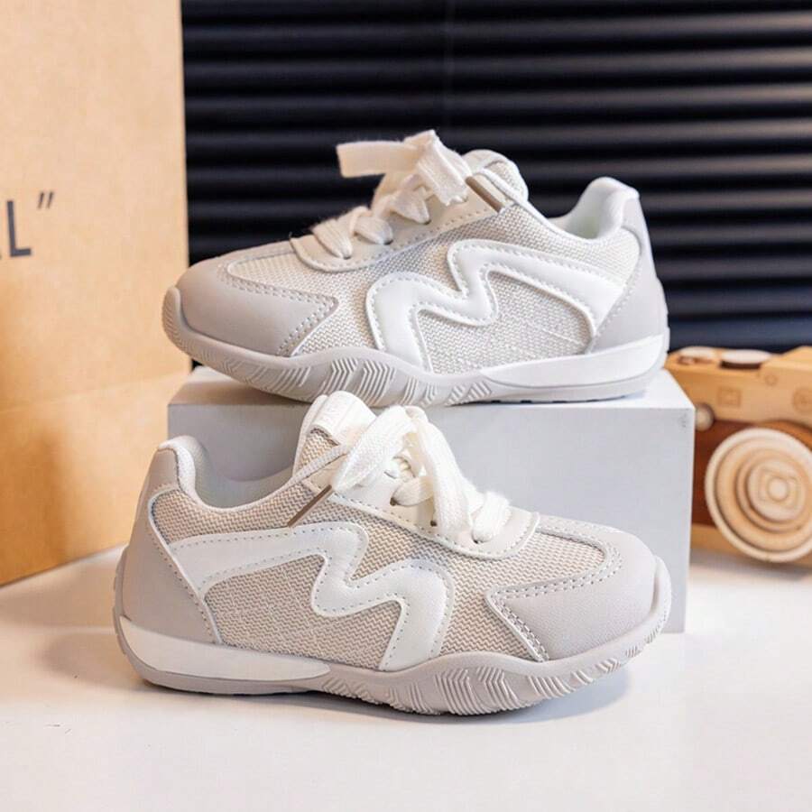 Mesh Patchwork German Training Sneakers, Lace-Up, Light Beige, Unisex Kids Casual Sports Shoes, Spring/Autumn - Beige - View 1