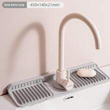 1pc Universal Size Silicone Faucet Drip Tray With Fastening Button, 6° Sloped Drainage Anti-Splash, Minimalist Practical Style, Gray/Green/Pink/Black Multi-Color Options, Long Strip With Opening, Kitchen Sink Bathroom Countertop Soap Sponge Storage Drying Mat - Multicolor - View 20