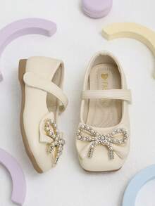 1 Pair Girls' Beige Pearl Rhinestone Bow Knot Hook And Loop Mary Jane Shoes, Suitable For Shopping, Outings And School Wear - Beige - View 6
