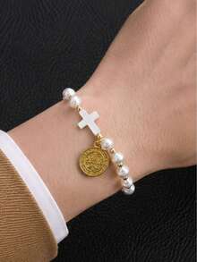 1pc Vintage Cross Baroque Faux Pearl Hand Accessory Saint Medal Gold Coin Adjustable Braided Bracelet, Exquisite Personalized Versatile Hand Jewelry Suitable For Women's Daily, Holiday, Party Wear - White - View 3