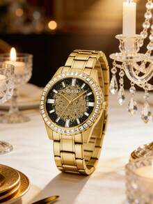 GUESS Women Square Paved Crystal Wrist Watch GW0472L2 Gold‑Tone Stainless Steel Bracelet Multi‑Function Quartz Watch Gift Box - WATCH - View 12