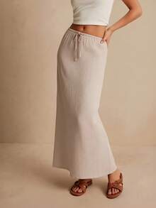 Casual Elegant Women's Solid Color Minimalist Waist Tie Fashion Versatile Simple Skirt - Apricot - View 5