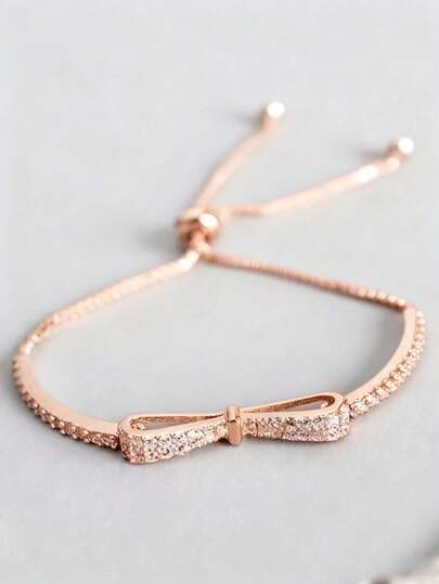 1pc Adjustable Silver Bracelet With Rhinestone Bow Decor, Fashionable & Luxurious, Suitable For Girls' Daily Wear, Parties And Banquets, Jewelry Gift