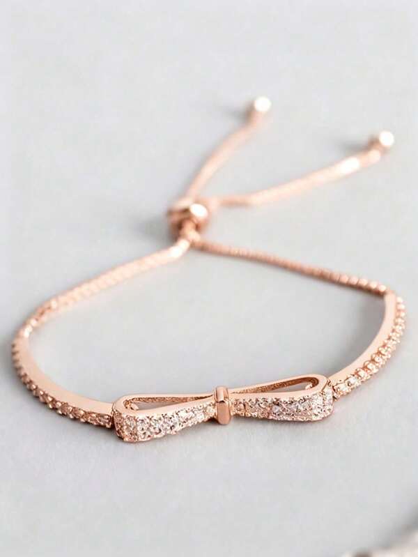 1pc Adjustable Silver Bracelet With Rhinestone Bow Decor, Fashionable & Luxurious, Suitable For Girls' Daily Wear, Parties And Banquets, Jewelry Gift