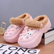 Women's Thick Sole Platform Clogs With Thermal Lining, Cute Apple & Kitten Bell Decor, Closed Toe Fuzzy Slippers, Warm Anti-Slip Nurse Clogs For Indoor/Outdoor, Winter 2025 New Style - Pink - View 2