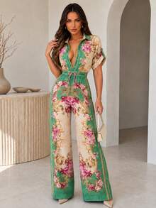 ChicMe Women's Vintage Floral Print Collared Rolled Sleeve Button Front Drawstring Wide Leg Vacation Jumpsuit - Green - View 6