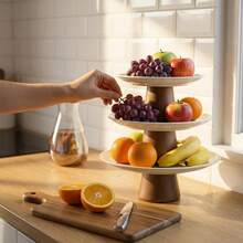 1 Set Stainless Steel Cream White Tray With Wooden Base, Multi-Functional Tray, Candy Tray, Cake Tray - Wooden Stand, White Stainless Steel Tray - View 3