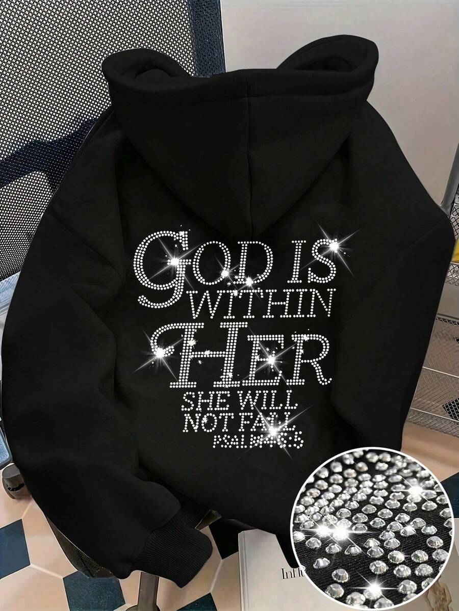 Women's Black Rhinestone "God Is Within Her" Sweatshirt, Faith Jesus Christian Quote Cute Style, Autumn Women's Back To School Season Sweatshirt - Black - View 1