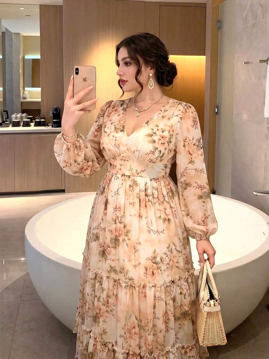 大尺碼女款新款優雅浪漫花卉設計擺裙度假洋裝 - 杏色 - 查看 1