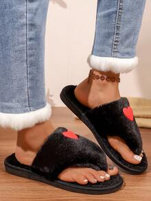 Women's Fuzzy Fluffy Flip Flop Slippers, Open Toe Plush House Slippers For Bedroom And Indoor Wear, Cute Decorative Soft Slippers For Autumn/Winter - Black - View 2