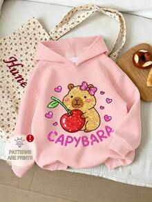 [Christmas]Teenage Girls Hooded Sweatshirt, Rhinestone Effect Capybara & Cherry Cartoon Print Sweatshirt, Cute Casual Top, Suitable For Girls Spring/Autumn Campus Wear - Pink - View 6
