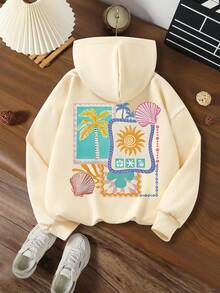 Tween Girl Casual Hooded Jacket Sunny Beach Design Print Chic For Girls Autumn/Winter Wear Simple Long Sleeve Crewneck Pullover Top - Apricot - View 5