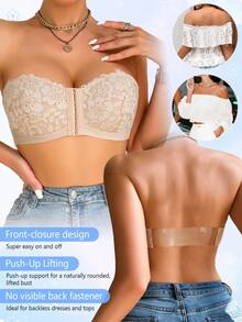 1pc Women's White Underwire Front Closure Lace Bra, Sexy Comfortable Lift Support Push-Up Lingerie, Strapless Bra - Beige - View 7